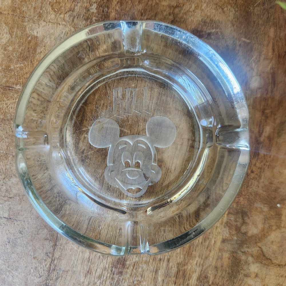 Vintage Disney Mickey Mouse Ashtray Etched Personalized  "Bill" Clear Glass